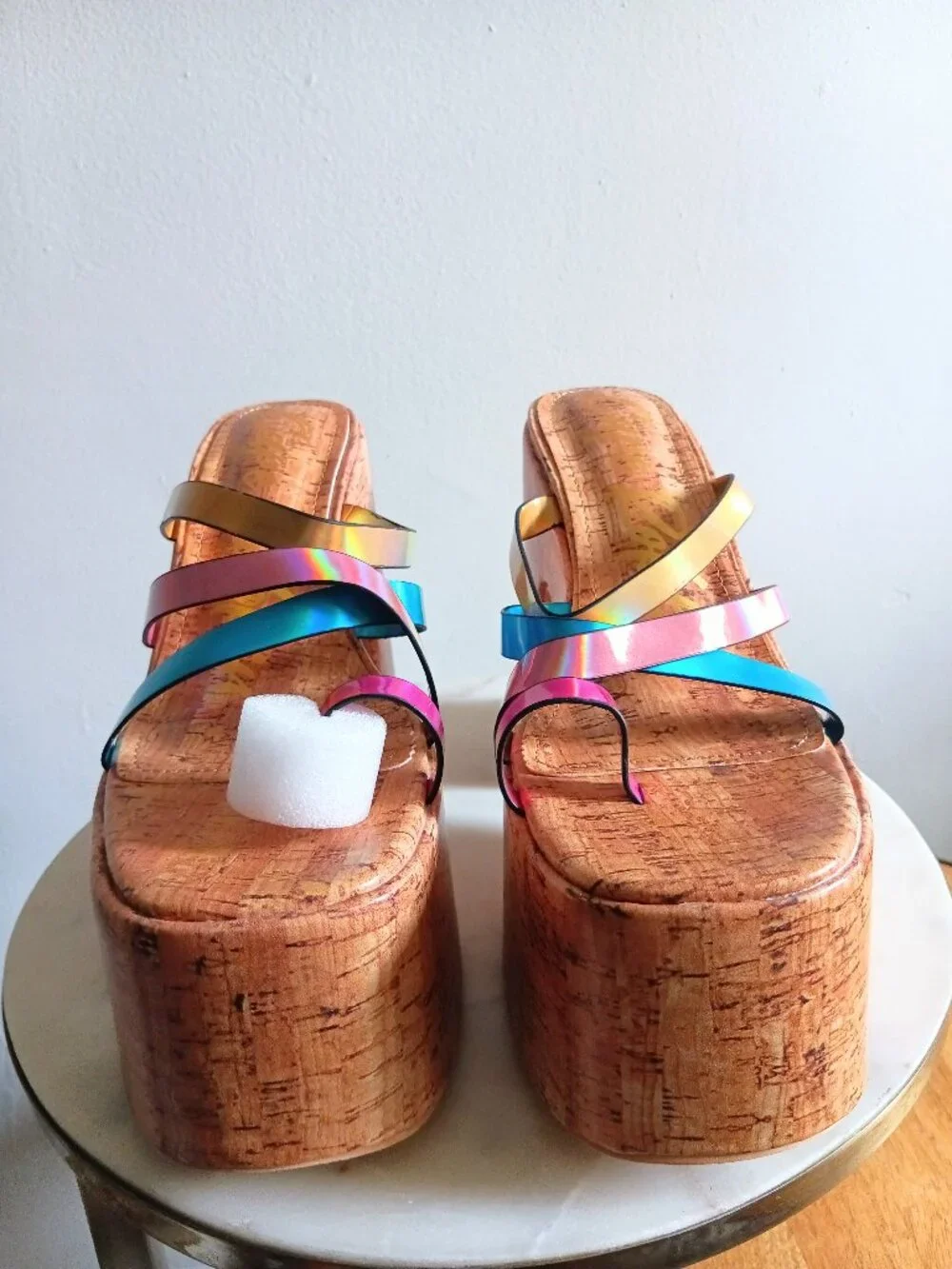 Cape Robbin Elci Metallic Rainbow Strappy Cork Platform Mule Heels